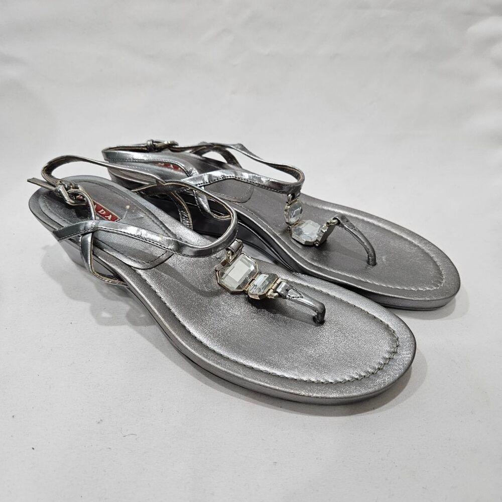 Prada Silver Metallic Leather Jeweled Thong Wedge Sandals Slingback Womens Y2K